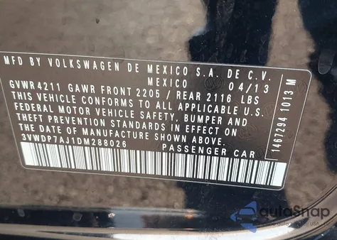 2013 Volkswagen Jetta 2.5L Se from USA, damaged, VIN 3VWDP7AJ1DM288026